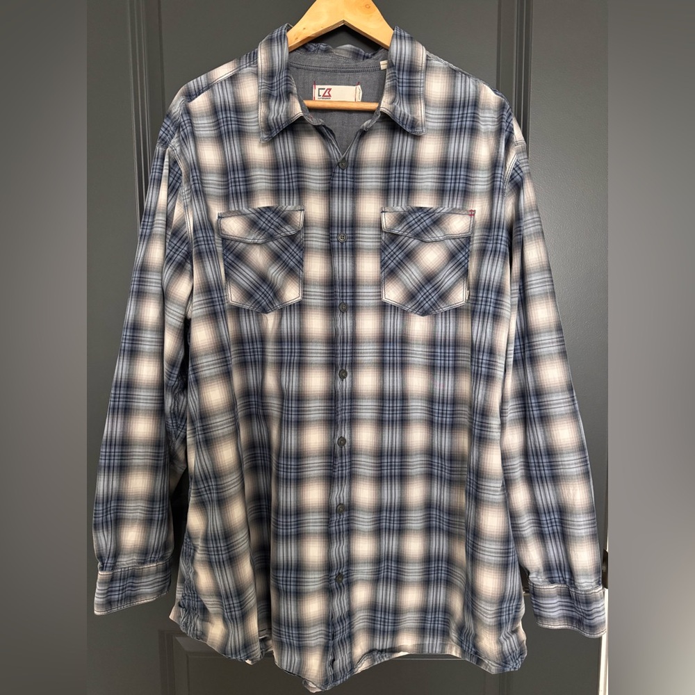 Cutter & Buck Plaid Shirt 2XB Big & Tall Blue Gray Button Down Casual